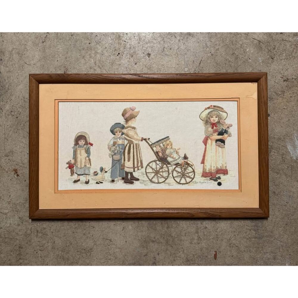 Vintage Jan Hagara Framed Needlepoint – Children with Dolls – 26” x 16”